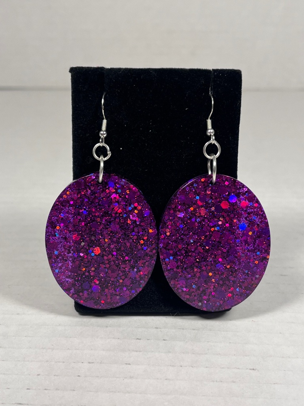 Purple Glitter Resin Dangle Earrings Oval